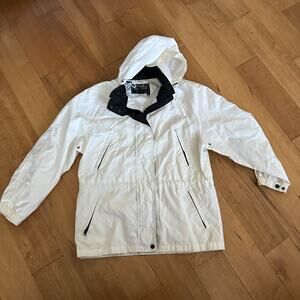 Eddie Bauer Nylon Hooded Jacket Cream Black Windbreaker Rain Small